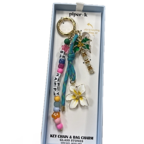 🌴 🔹️Piper K🔹️ Hawaii Flower "BE HAPPY" Glass stones Key Chain & Bag Charm - Picture 4 of 5